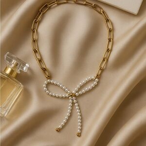 Gold Paperclip Chain Necklace‎ with Pearl Bow Pendant